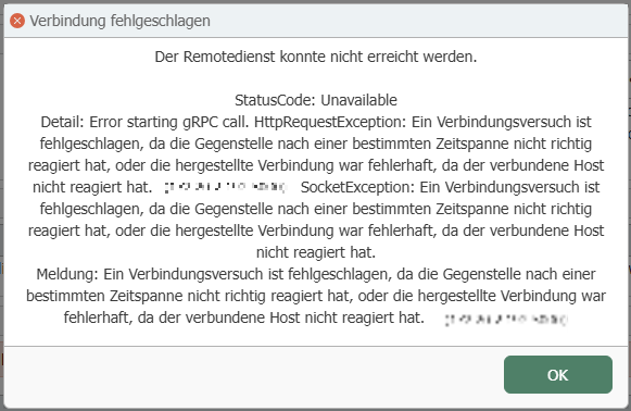 Verbindung nach Verbindungstest fehlgeschlagen