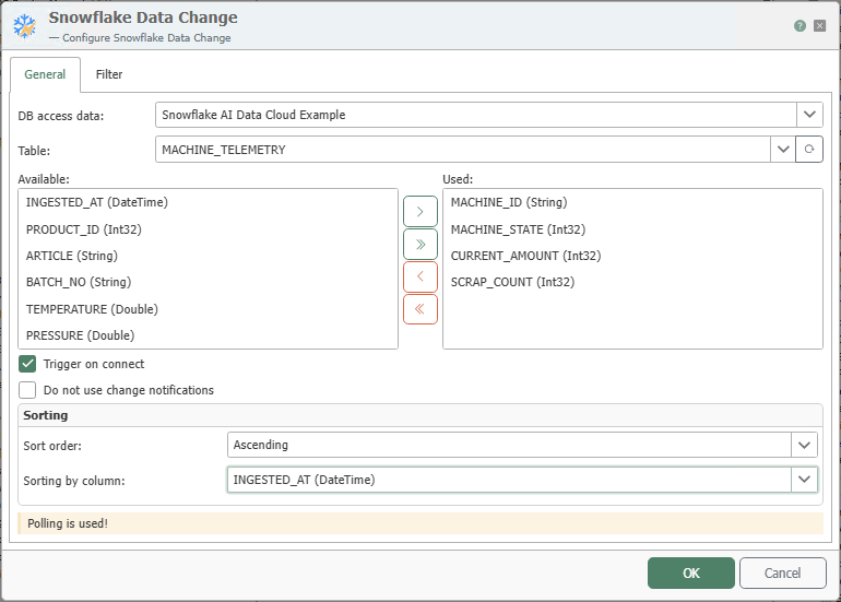Konfigurationsdialog des Snowflake-Data-Change-Triggers, Registerkarte „Allgemein“