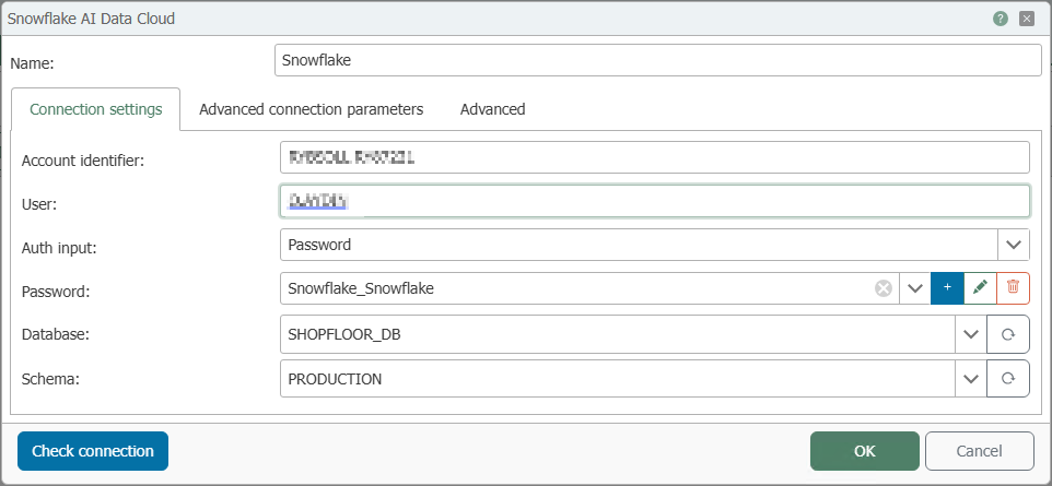 Konfigurationsdialog „Snowflake AI Data Cloud“ mit der Registerkarte „Verbindungseinstellungen“