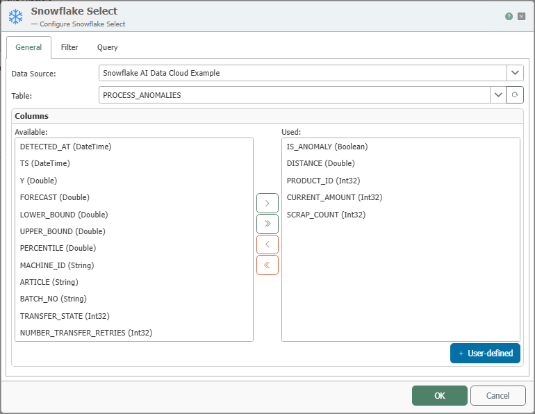Konfigurationsdialog des Transferobjekts „Snowflake Select“