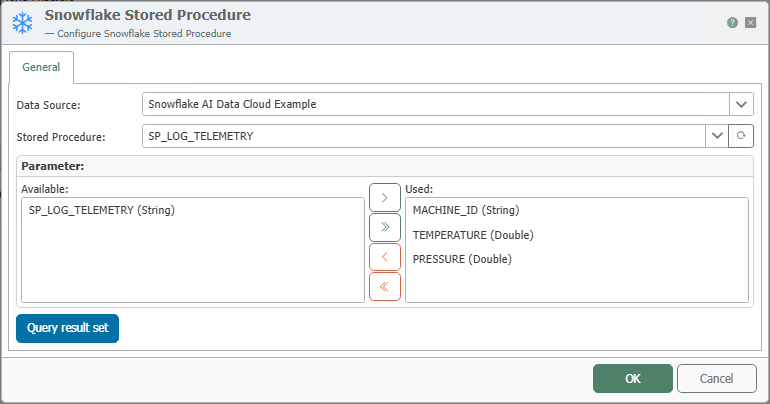 Konfigurationsdialog des Transferobjekts „Snowflake Stored Procedure“ mit der Beispiel-Prozedur SP_LOG_TELEMETRY