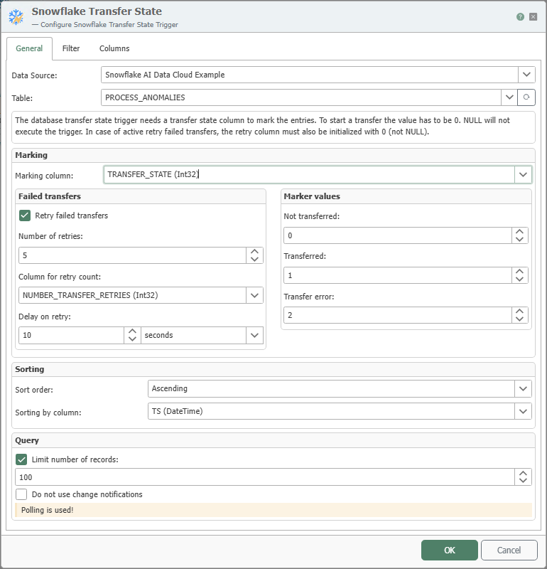 Konfigurationsdialog des Snowflake-Transferstatus-Triggers, Registerkarte „Allgemein“