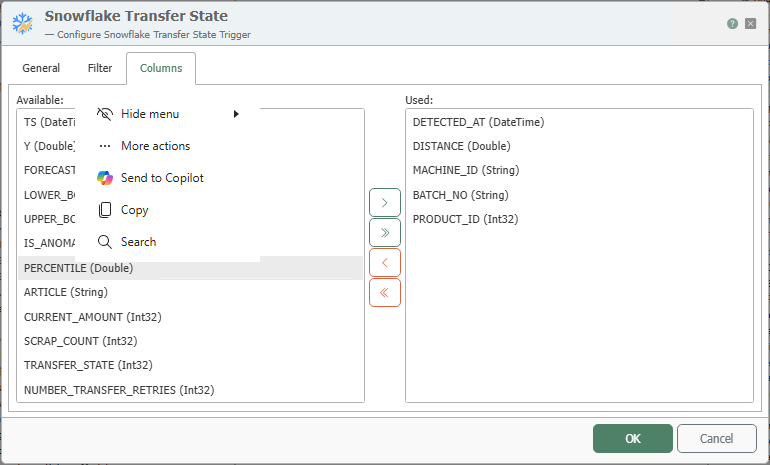 Registerkarte „Spalten“ des Snowflake-Transferstatus-Triggers