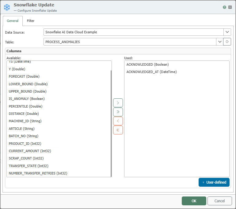 Konfigurationsdialog des Transferobjekts „Snowflake Update“ mit dem Beispiel (PROCESS_ANOMALIES)