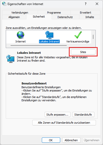 Im Sicherheitsreiter der Internet Optionen das lokale Intranet auswählen und die Sites bearbeiten.