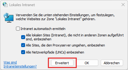 Im Site Dialog den Erweitert Dialog aufrufen
