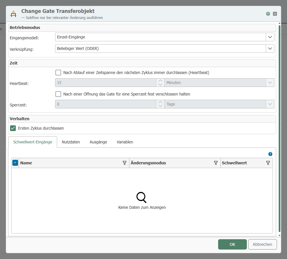 Konfigurationsdialog des Change-Gate-Transferobjekts mit Betriebsmodus, Zeit- und Verhaltenseinstellungen sowie den Tabs für Schwellwert-Eingänge, Nutzdaten, Ausgänge und Variablen