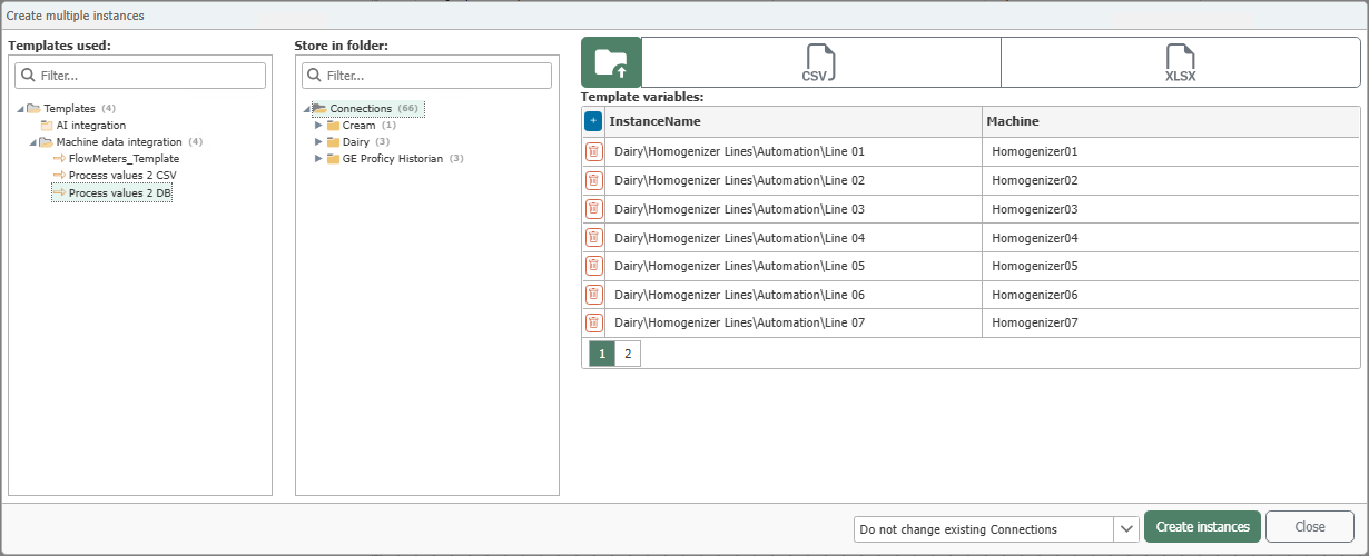 Dialog zum Erzeugen mehrerer Instanzen aus einer Datei mit Vorlagenauswahl, Zielordner und CSV-Import