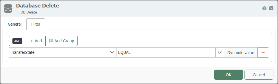 Filter-Reiter des Transferobjekts DB Delete
