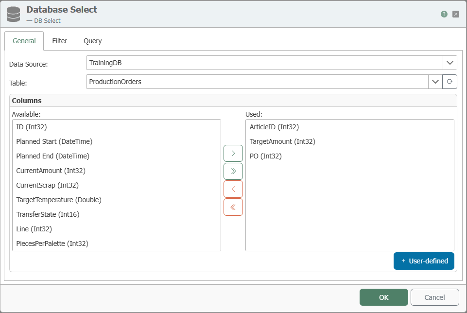 Dialog des Transferobjekts DB Select