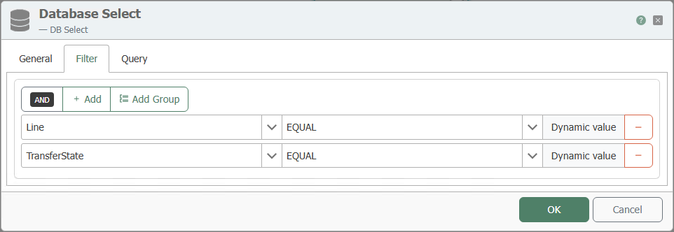 Filter-Reiter des Transferobjekts DB Select