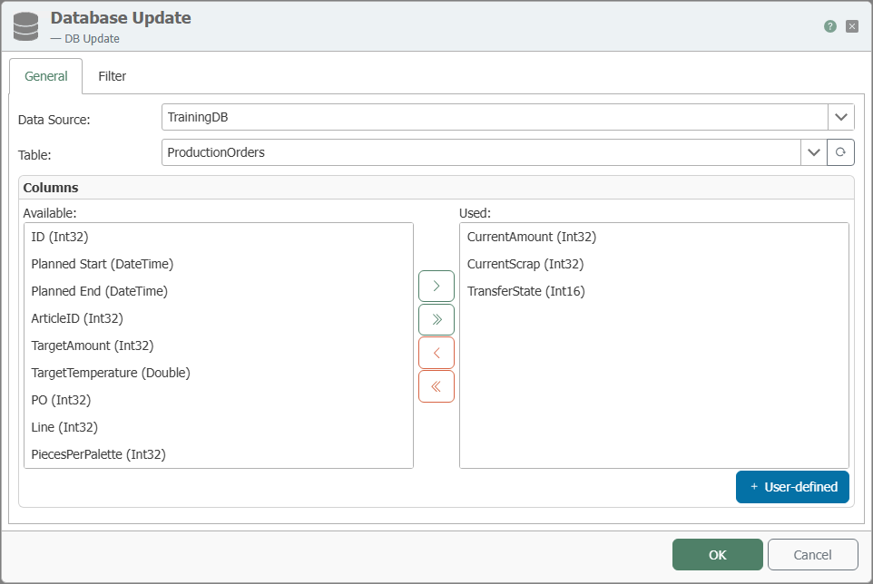 Dialog des Transferobjekts DB Update