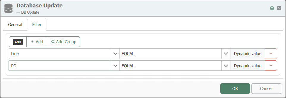 Filter-Reiter des Transferobjekts DB Update