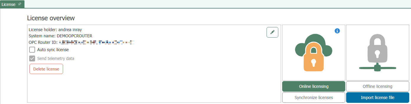 Lizenzübersicht im OPC Router mit der Schaltfläche zum Entfernen der Lizenzierung