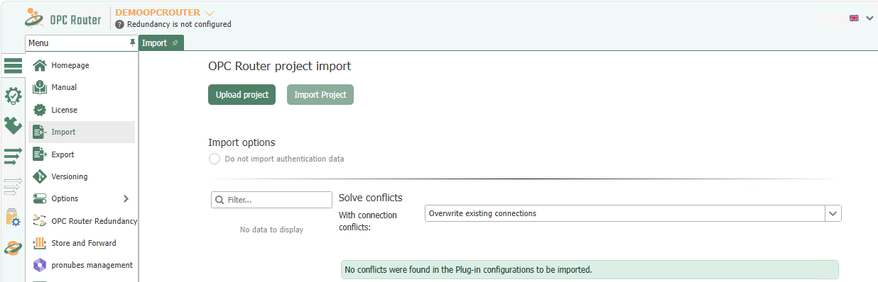 Importansicht im OPC Router 5 mit Upload project, Import Project und den Importoptionen