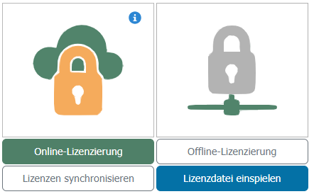 Die Kacheln Online-Lizenzierung und Offline-Lizenzierung mit ihren Schaltflächen