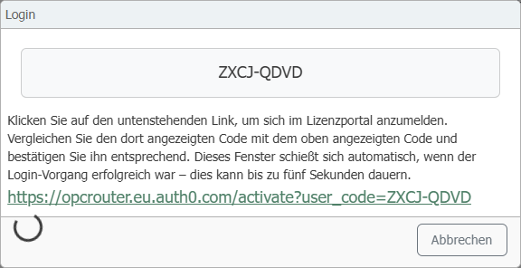 Das Fenster Login mit dem Code und dem Link ins Lizenz-Portal