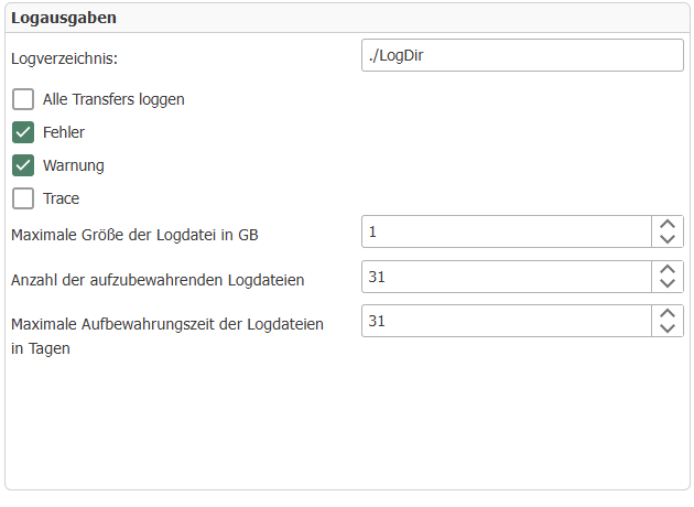 Die Gruppe Logausgaben der Monitoring- und Diagnostikeinstellungen