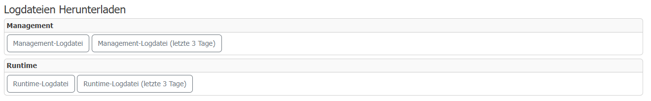 Die Seite Logdateien herunterladen mit den Gruppen Management und Runtime