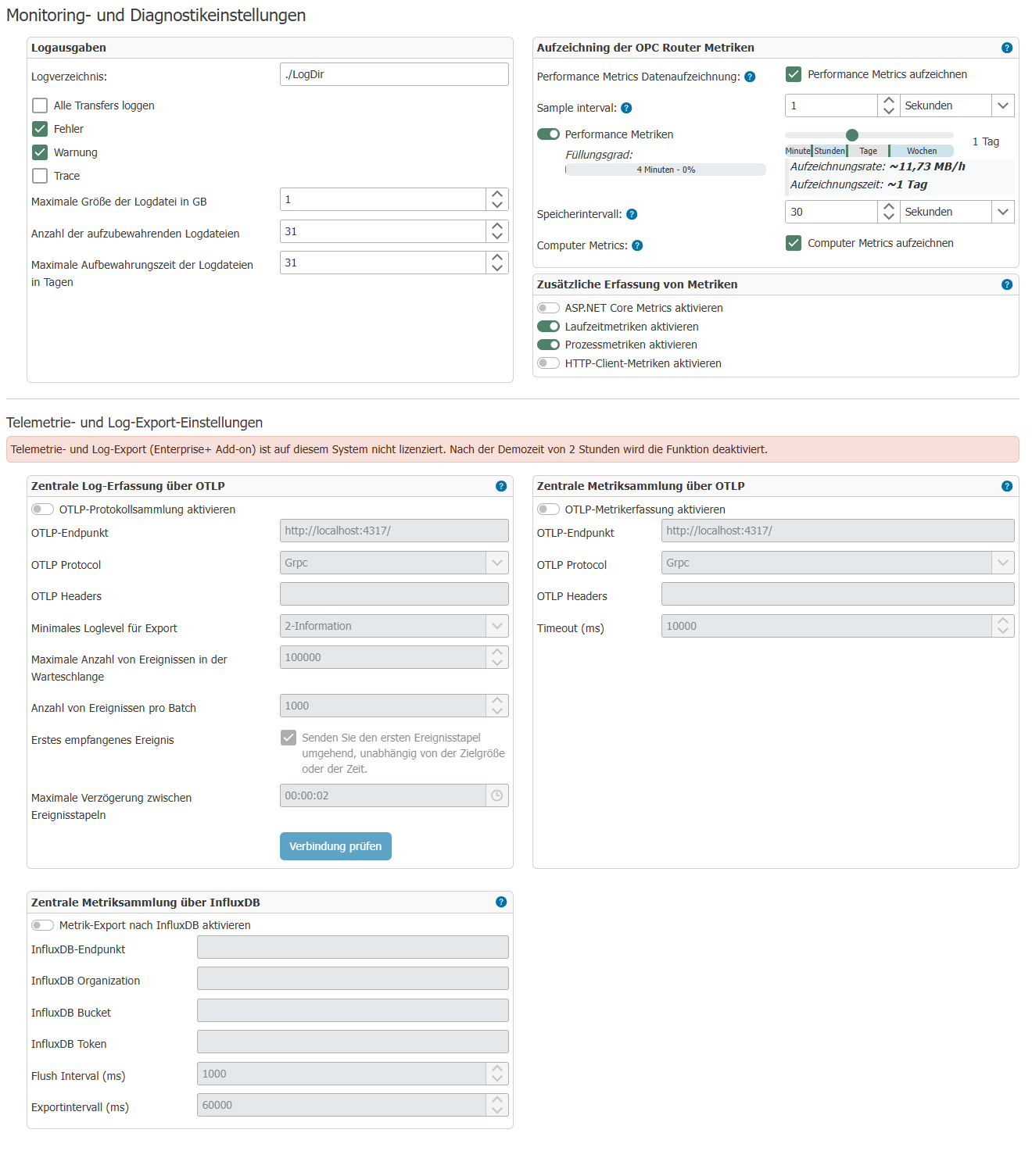 Einstellungsseite Monitoring und Diagnose mit den Karten für Logausgaben, Metrik-Aufzeichnung und Telemetrie-Export