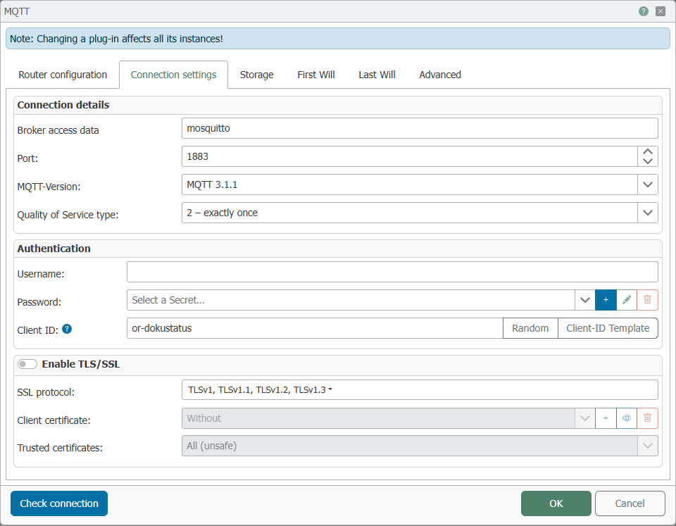 MQTT-Plug-in, Verbindungsoptionen