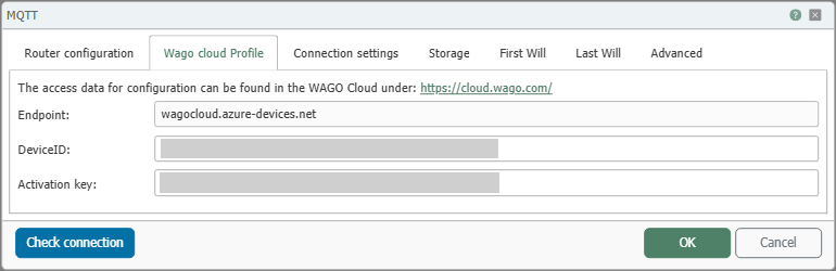 MQTT-Plug-in, Reiter Wago cloud Profile mit Endpunkt, DeviceID und Aktivierungsschlüssel