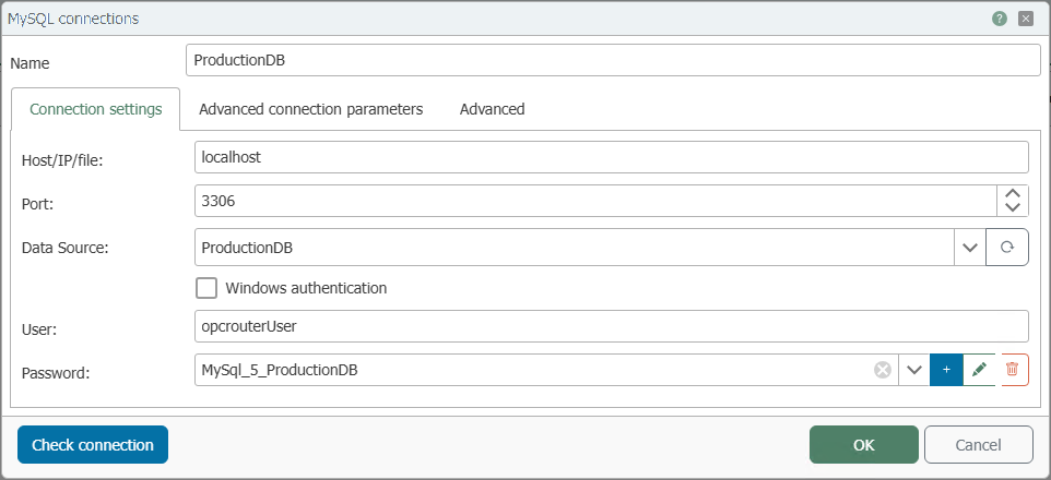 Verbindungsdialog des MySQL Plug-ins mit den Feldern Name, Host, Port, Datenquelle, Windows-Authentifizierung, Benutzer und Passwort
