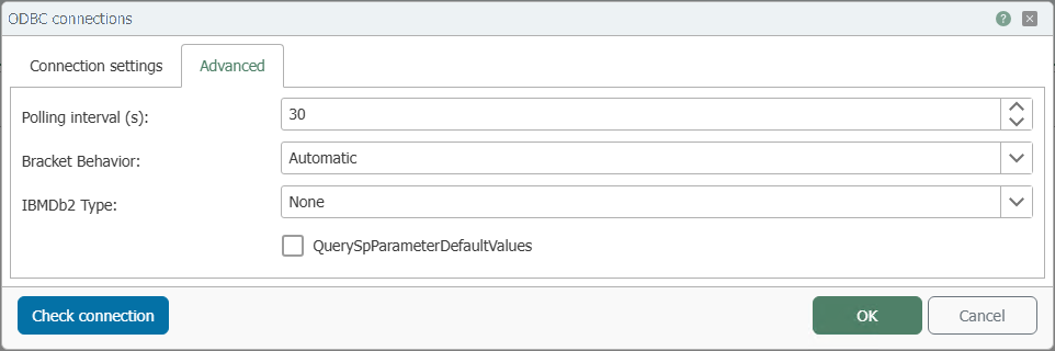 Reiter „Advanced“ des ODBC Plug-ins mit Polling-Intervall, Klammer-Verhalten, IBMDb2-Typ und QuerySpParameterDefaultValues