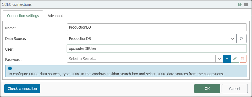 Verbindungsdialog des ODBC Plug-ins mit den Feldern Name, Datenquelle, Benutzer und Passwort