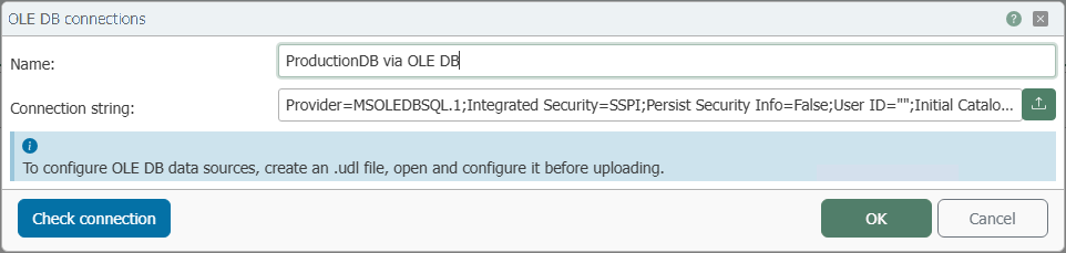 Verbindungsdialog des OLE DB Plug-ins mit den Feldern Name und Verbindungszeichenfolge sowie der Schaltfläche zum Testen der Verbindung
