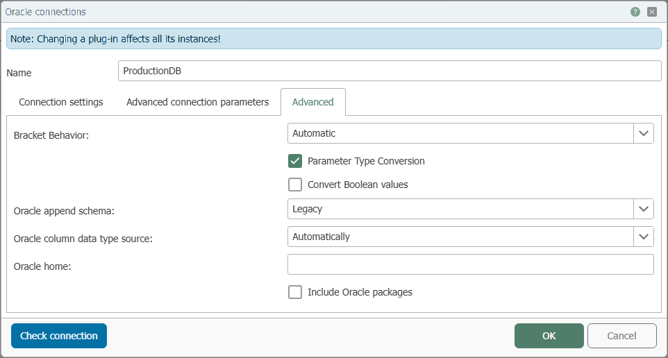 Verbindungsdialog des Oracle Plug-ins, Reiter „Advanced“ mit Klammer-Verhalten, Parameter-Umwandlung, Oracle-Schema- und Datentyp-Optionen