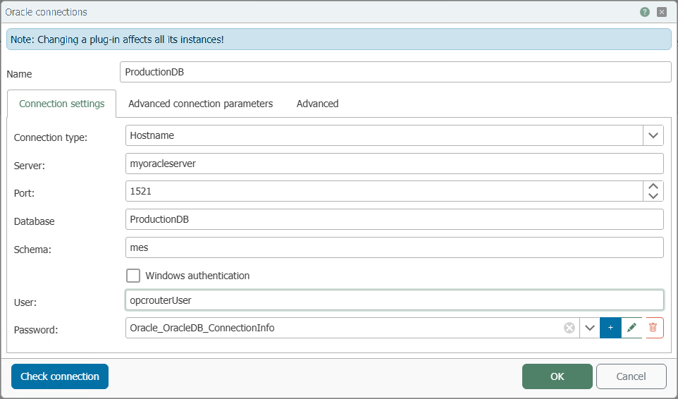 Verbindungsdialog des Oracle Plug-ins, Reiter „Connection settings“ mit Verbindungstyp, Server, Port, Datenbank, Schema und Anmeldung