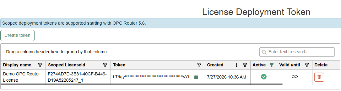 Bereich „Deployment Automation“ im OPC Router Lizenzportal mit der Übersicht der Deployment-Tokens