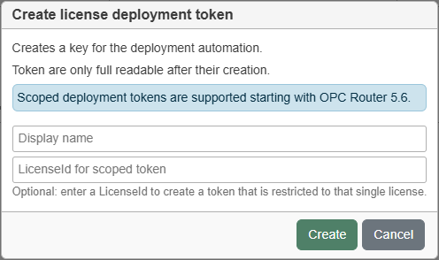 Dialog „Create license deployment token“ mit Anzeigename und optionaler Lizenzbindung