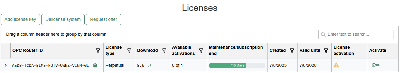 Lizenzübersicht im OPC Router Lizenzportal
