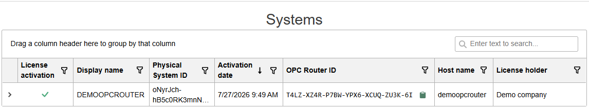 Systemübersicht im OPC Router Lizenzportal