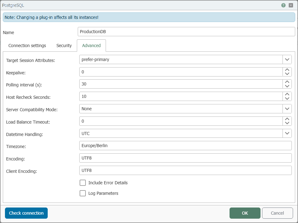 Verbindungsdialog des PostgreSQL Plug-ins, Reiter „Advanced“ mit Zielserver-, Keepalive-, Zeitstempel- und Kodierungsoptionen