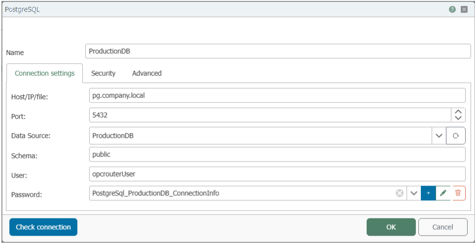 Verbindungsdialog des PostgreSQL Plug-ins, Reiter „Connection settings“ mit Host, Port, Datenquelle, Schema und Anmeldung