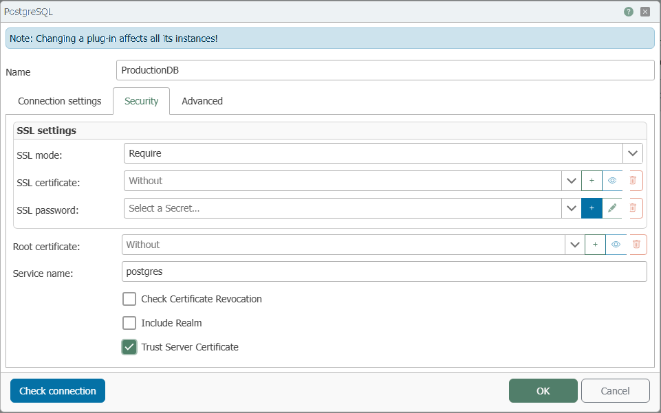 Verbindungsdialog des PostgreSQL Plug-ins, Reiter „Security“ mit SSL-Modus, Zertifikaten und Kerberos-Optionen