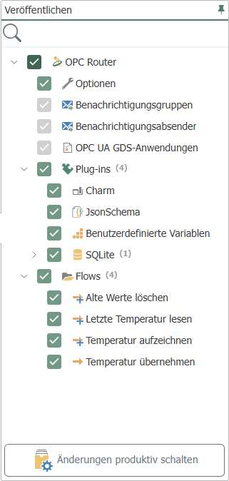 Die Veröffentlichen-Ansicht mit angehaktem Wurzelknoten: die SQLite-Anbindung und die Flows des Schnelleinstiegs stehen zur Veröffentlichung an