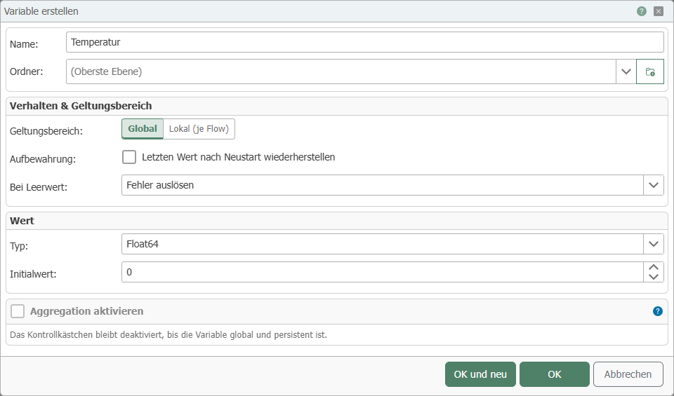 Dialog Variable erstellen mit Name Temperatur, Geltungsbereich Global und Typ Float64