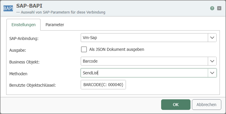 SAP-BAPI-Transferobjekt – Einstellungen