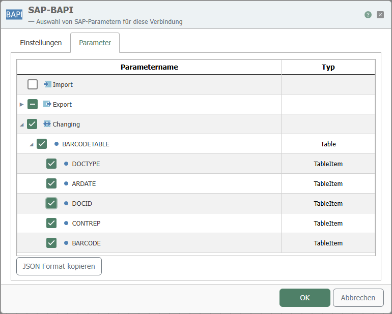 SAP-BAPI-Transferobjekt – Parameter