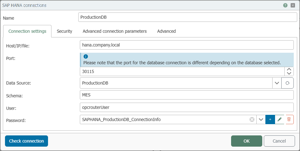 Verbindungsdialog des SAP HANA Plug-ins, Reiter „Connection settings“ mit Host, Port, Datenquelle, Schema und Anmeldung