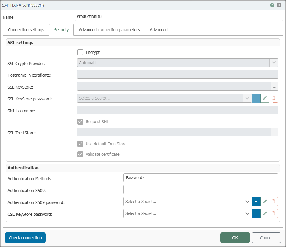 Verbindungsdialog des SAP HANA Plug-ins, Reiter „Security“ mit SSL-Einstellungen und Authentifizierungsverfahren