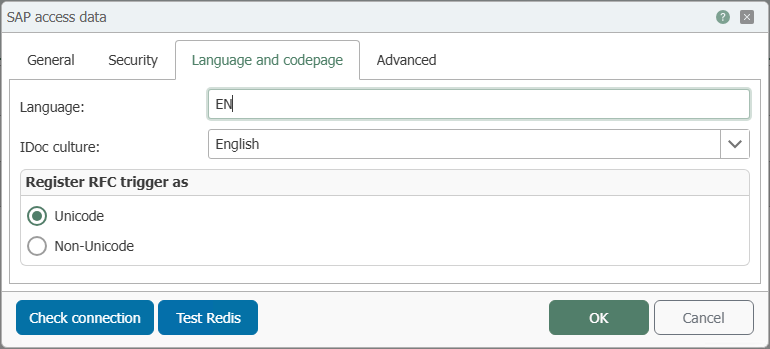 SAP®-Plug-in – Registerkarte Sprache und Codepages