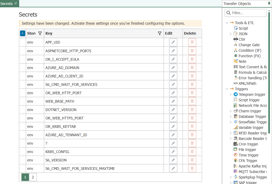 Die Secrets-Liste mit den Spalten Store und Key