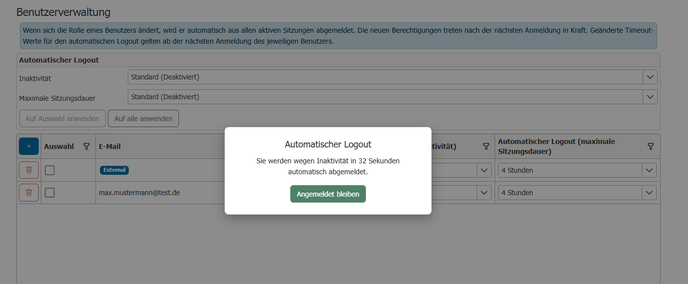 Warnung vor dem automatischen Logout mit Countdown und der Schaltfläche "Angemeldet bleiben"
