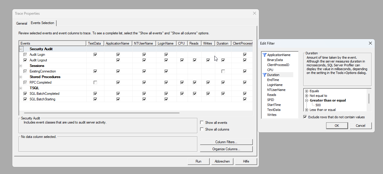 Column Filter im SQL Server Profiler