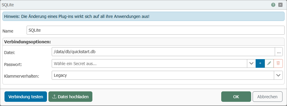 SQLite-Anbindung mit Datei und Klammerverhalten